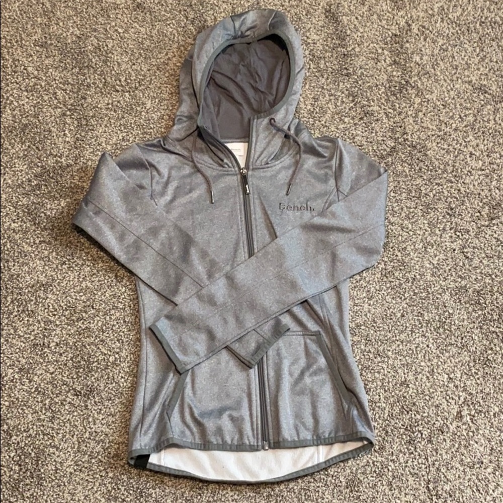 light gray Bench zip up with hood.